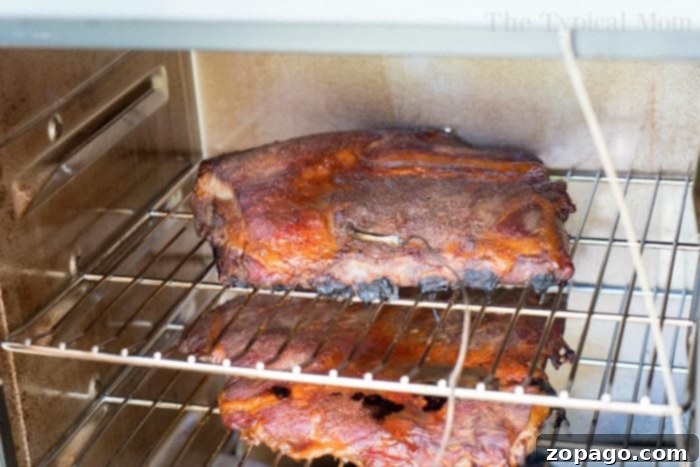 Smoky, Tender Ribs 6 Two racks of seasoned ribs cooking smoker, placed on separate wire shelves – a method hailed by many as the best way to smoke ribs indoors.