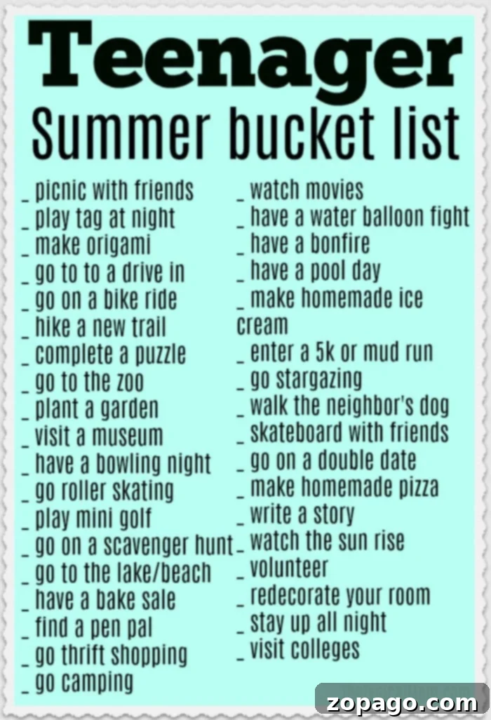Printable summer bucket list for teens with spaces for custom additions and reuse. Completed summer bucket list with checked-off activities for teens