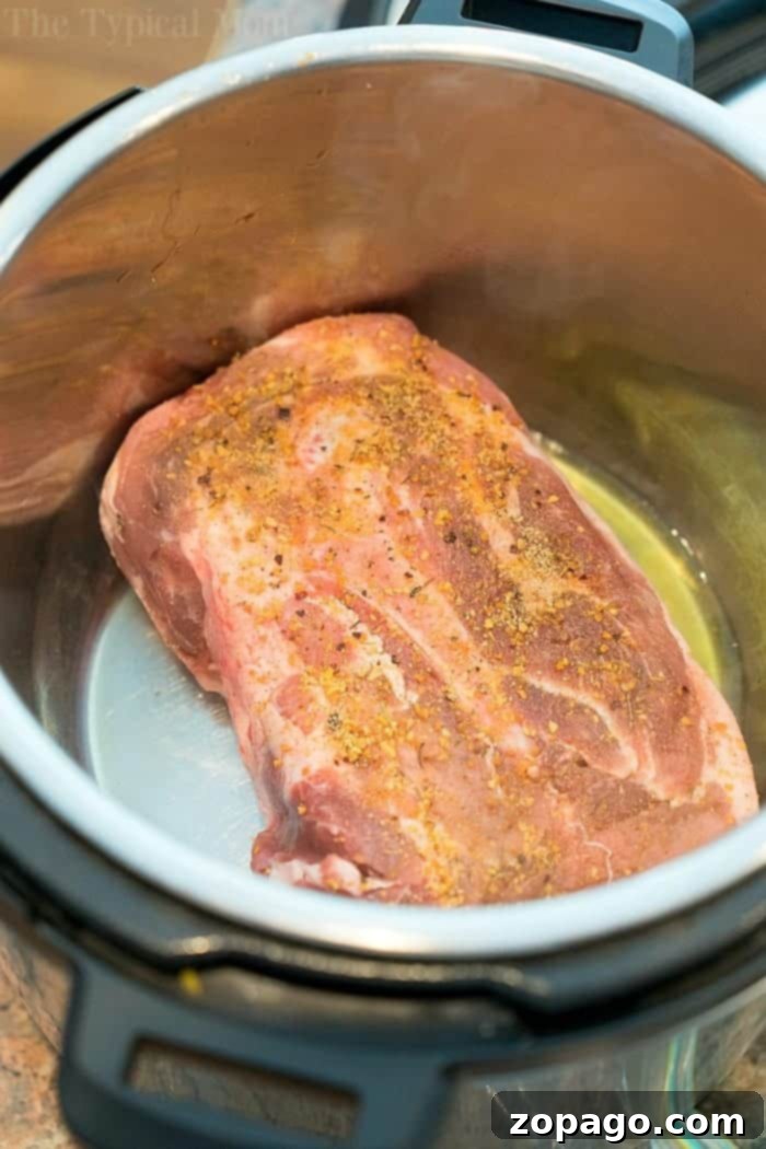 Asian Instant Pot pulled pork recipe that's sticky sweet with a little kick! Tender pork roast in an hour using your pressure cooker. The best sliders ever! #instantpot #instantpotrecipes #pressurecooker #pork #pulledpork #honey #sliders #appetizer #asian Seasoned raw pork roast in an electric pressure cooker, perfect for making flavorful Asian Instant Pot Pulled Pork.
