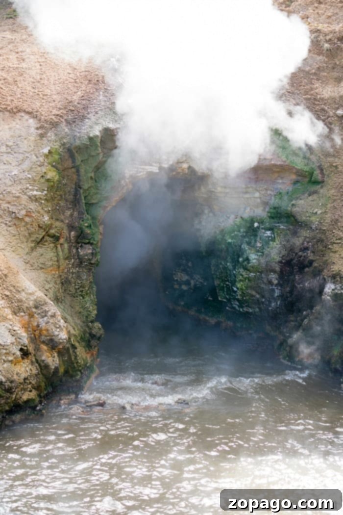 Intense activity at Dragons Mouth Spring A closer view of Dragons Mouth Spring, showing the turbulent, steaming water within the cave opening.