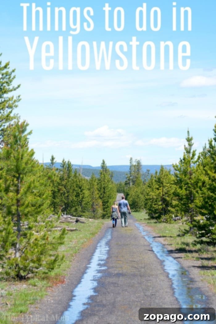 Planning a Family Trip to Yellowstone: Hiking and Exploring with Kids #yellowstone #familyhiking #roadtrip #traveltips #makingmemories Family walking on a boardwalk in Yellowstone National Park, enjoying the scenery