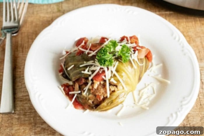 This Instant Pot stuffed cabbage is a great dinner filled with ground beef, rice, cheese and tons of flavor. Just a few minutes in your pressure cooker! #instantpot #instantpotrecipes #stuffedcabbage #cabbage pressure cooker stuffed cabbage 2
