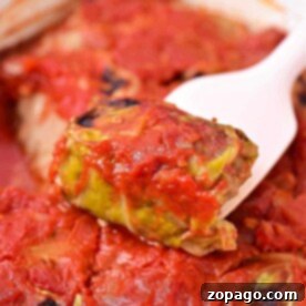 An Instant Pot stuffed cabbage roll, covered in tomato sauce, is lifted by a white spoon from a dish of similar rolls.