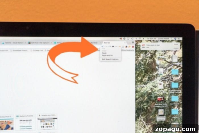 Optimize Your Swagbucks Earnings: Setting Up Your Browser for Passive Income. A computer screen displays a web browser, with an arrow guiding you to the bookmarks menu—your first step in discovering how to make money on Swagbucks efficiently.