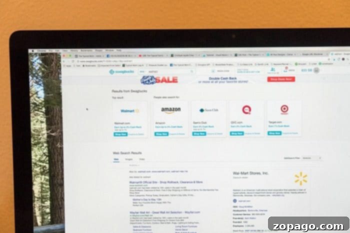 Earning Swagbucks Through Online Shopping: How to Activate Cashback Deals. A computer screen displays search results for various online retailers and a website listing, including guides on how to make money on Swagbucks efficiently through shopping.