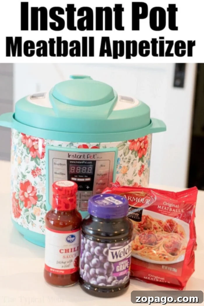 Pressure cooker frozen meatballs cooked to perfection! Sweet and spicy meatballs cooked with grape jelly in no time at all. #instantpot #meatballs #appetizer #jelly #barbecue #pressurecooker #grape #thetypicalmom #jelly Instant Pot Grape Jelly Meatballs – delicious appetizer