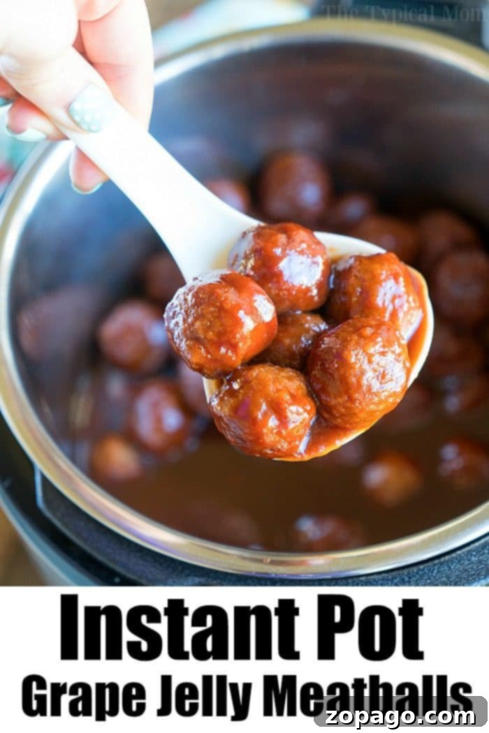 Pressure cooker frozen meatballs cooked to perfection! Sweet and spicy meatballs cooked with grape jelly in no time at all. #instantpot #meatballs #appetizer #jelly #barbecue #pressurecooker #grape #thetypicalmom #jelly Instant Pot Grape Jelly Meatballs – ready to serve