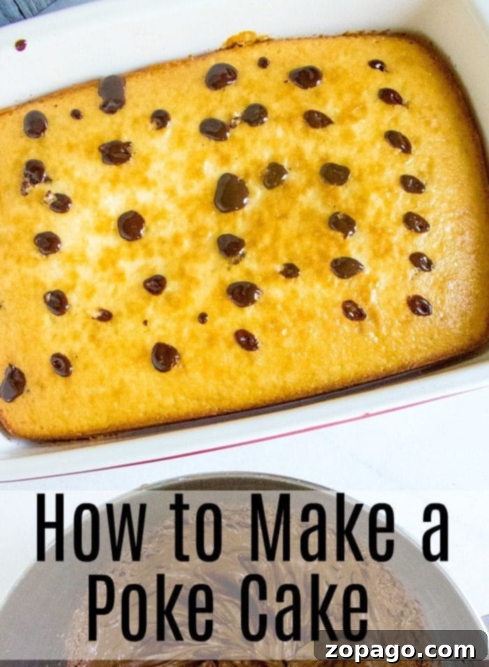 A perfect ganache poke cake, illustrating the delicious filling and the simple process of how to make a poke cake. Close-up of a chocolate poke cake with holes filled with ganache and a smooth, glossy top, ready to be sliced.