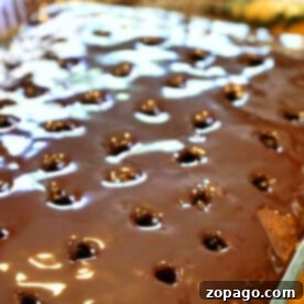 A glass baking dish with a rich chocolate cake covered in glossy glaze showcases evenly spaced holes—a hallmark of how to make a poke cake.