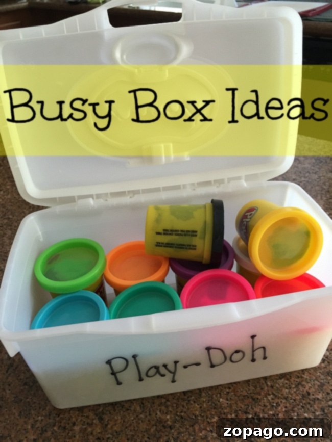 Engaging Kids During Restaurant Meals 7 A collection of creative busy box ideas for kids, including small games and craft supplies, perfect for dining out.