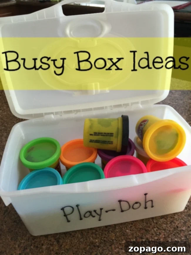 Kid-Friendly Restaurant Hacks 6 Assortment of small toys and crafts in a clear container, offering diverse busy box ideas for children's entertainment.