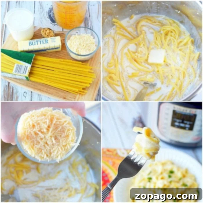This Instant Pot fettuccine alfredo recipe is easy to make and a creamy buttery dinner your whole family is sure to love. Inexpensive pressure cooker meal. #instantpot #instantpotrecipes #alfredo #fettuccinealfredo #pasta #easy A four-panel image illustrating the preparation of fettuccine Alfredo. The first panel shows dry pasta, butter, cream, and cheese on a board. The second shows pasta cooking with butter in an Instant Pot. The third panel shows a hand sprinkling grated cheese over the dish. The fourth shows a fork holding a bite of creamy pasta.
