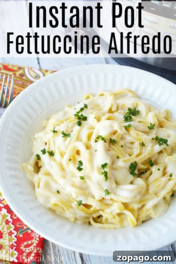 This Instant Pot fettuccine alfredo recipe is easy to make and a creamy buttery dinner your whole family is sure to love. Inexpensive pressure cooker meal. #instantpot #instantpotrecipes #alfredo #fettuccinealfredo #pasta #easy A large serving of creamy Instant Pot Fettuccine Alfredo in a bowl, garnished with fresh parsley.