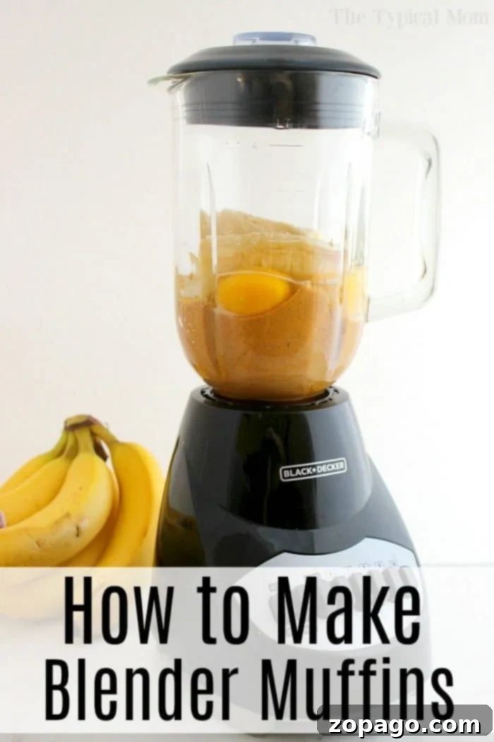 Simple preparation: blending ingredients for delicious flourless peanut butter banana muffins. Thick peanut butter banana muffin batter in a blender with chocolate chips stirred in.