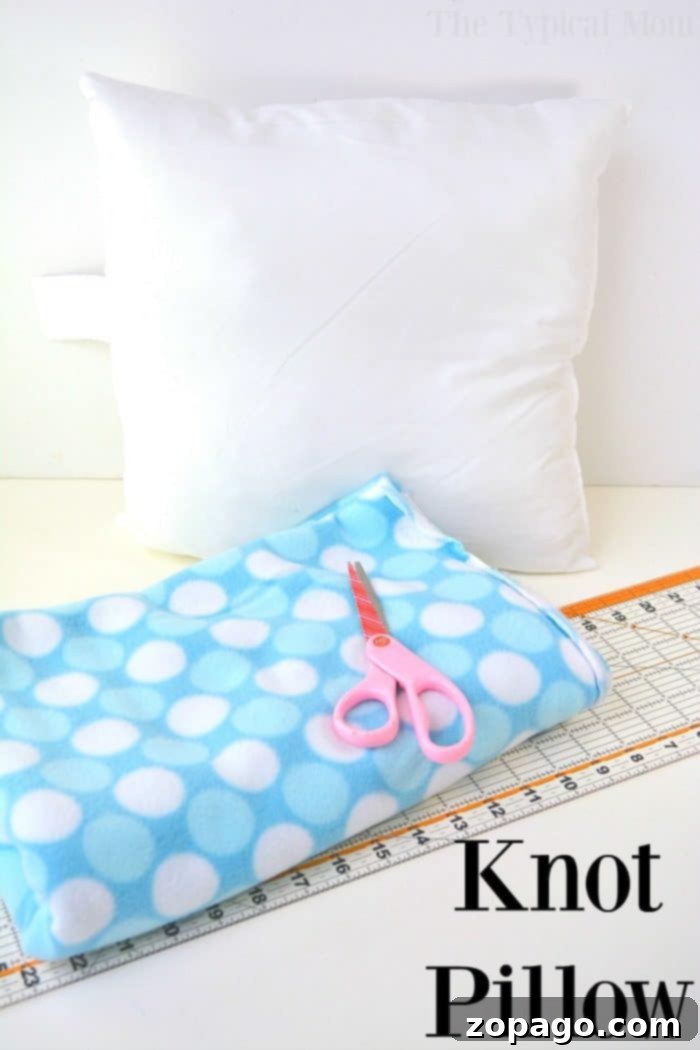 No-Sew Knot Pillow Tutorial: Easy & Cheap Craft for Kids and Adults Close-up of fabric being prepared for a knot pillow, highlighting the measuring and cutting process for the fringe. Essential steps for a no-sew knot pillow.