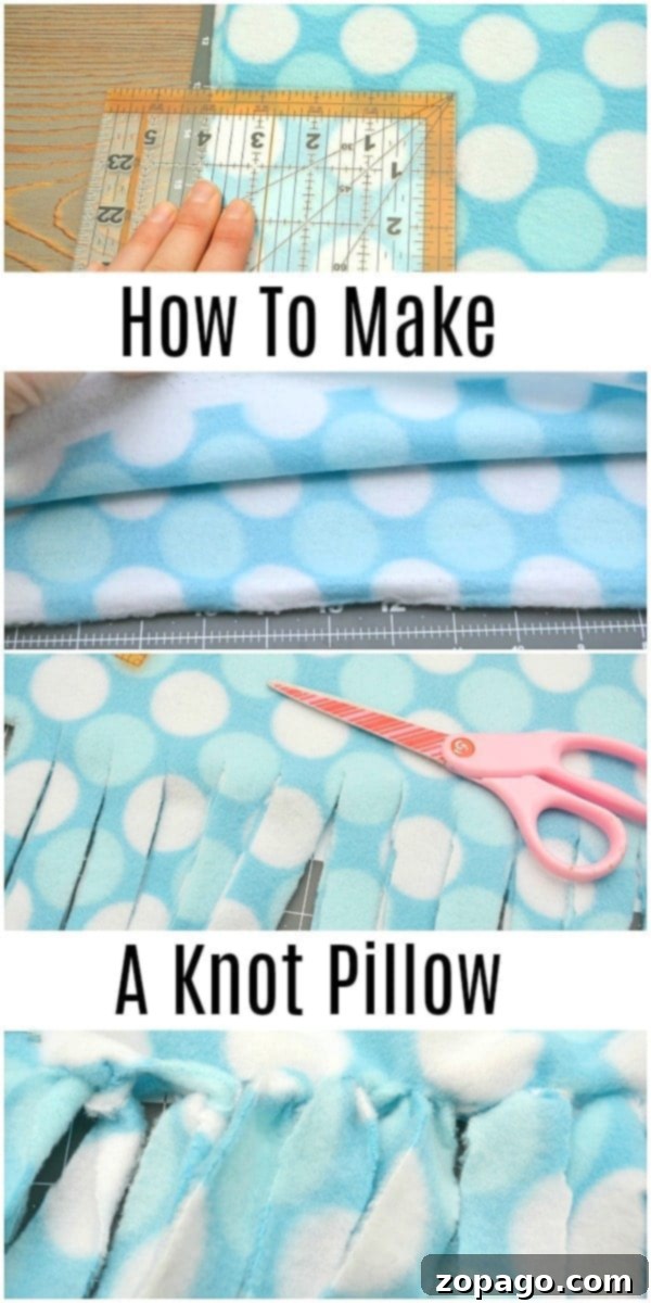 Knot Pillow Instructions: Cutting Fringe for No-Sew DIY Detailed instruction image for making a no-sew knot pillow, showing fringe cuts along the fabric edges. Perfect for a kid-friendly craft.