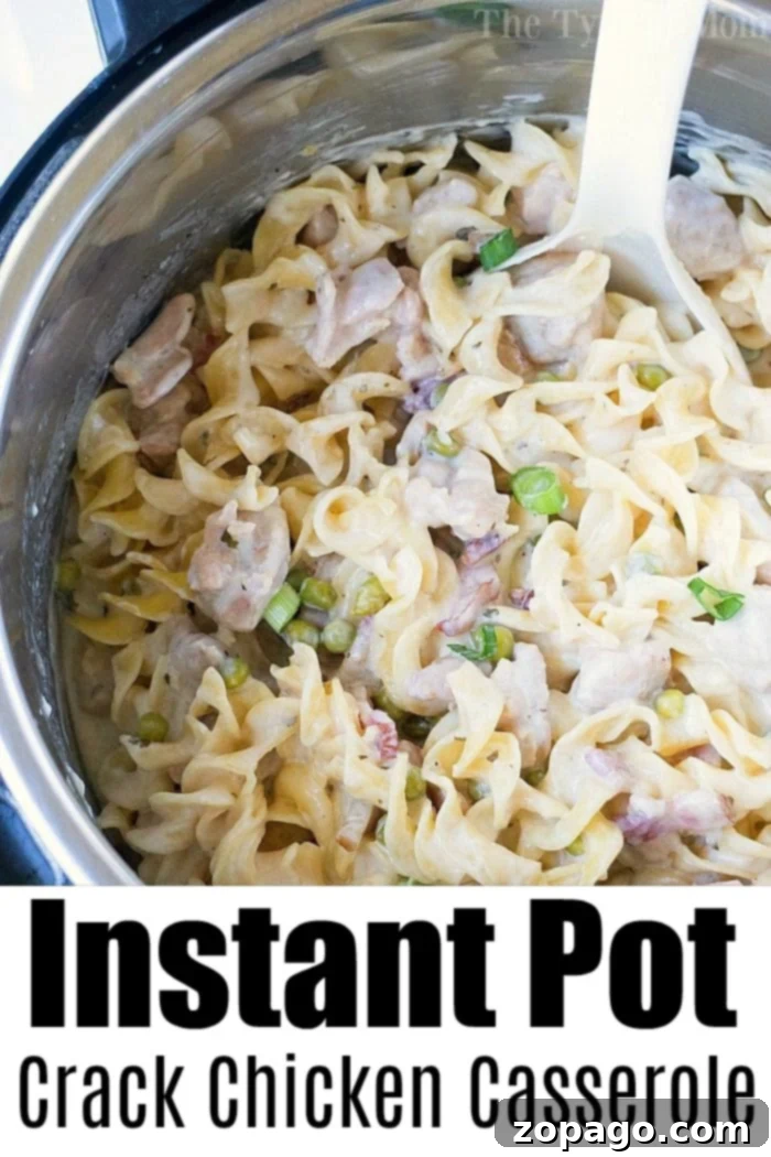 This Instant Pot crack chicken casserole is one of the most amazing pressure cooker dinner recipes I have made thus far! Get ready for creamy goodness with pasta. #instantpot #instantpotrecipes #chicken #casserole #easy #thetypicalmom #crackchicken Instant Pot Crack Chicken Pasta, a delicious and quick one-pot meal featuring creamy sauce, chicken, bacon, and noodles.
