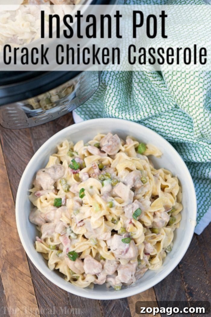 This Instant Pot crack chicken casserole is one of the most amazing pressure cooker dinner recipes I have made thus far! Get ready for creamy goodness with chicken, bacon, and pasta. #instantpot #instantpotrecipes #chicken #casserole #easy Close-up of creamy crack chicken pasta in an Instant Pot, garnished with fresh parsley.