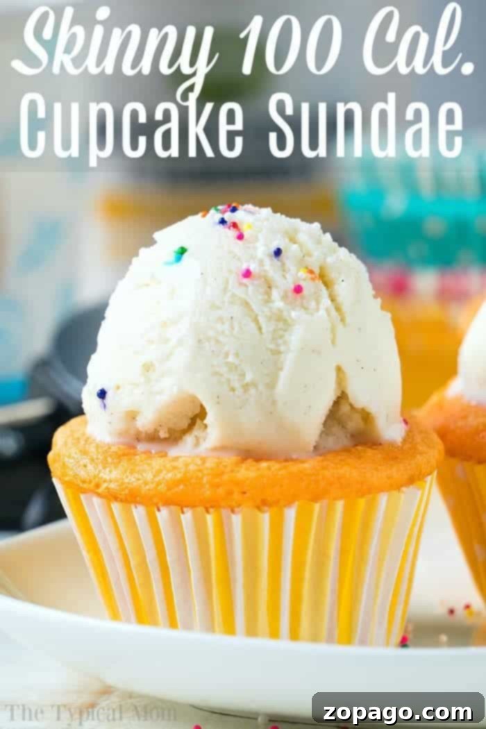 Pop-Infused Cupcakes 3 A delightful vanilla cupcake made with cake mix and soda, topped with a scoop of vanilla ice cream, and sprinkled with colorful candy dots. The scene highlights a 'Skinny 100 Cal. Cupcake Sundae' concept, emphasizing a low-calorie dessert.