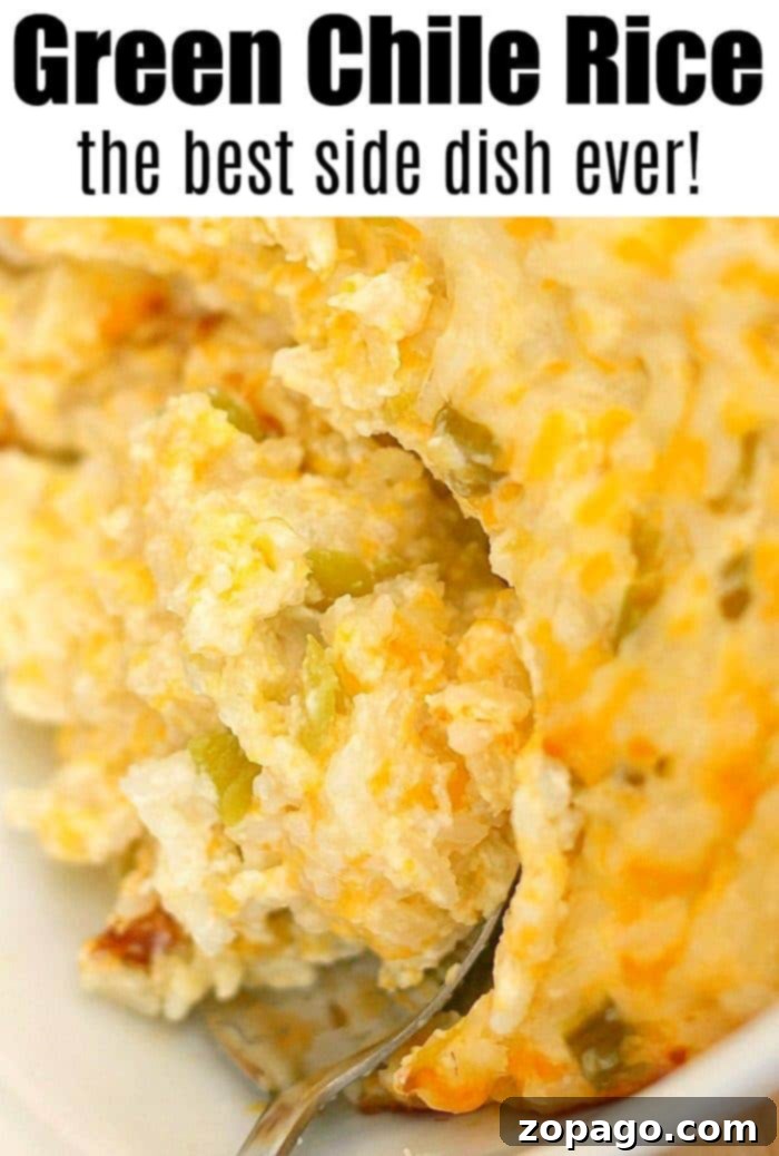 Velvety Green Chile Rice 2 A vibrant green chile rice casserole, bubbling hot and topped with golden melted cheese, perfect for any meal.