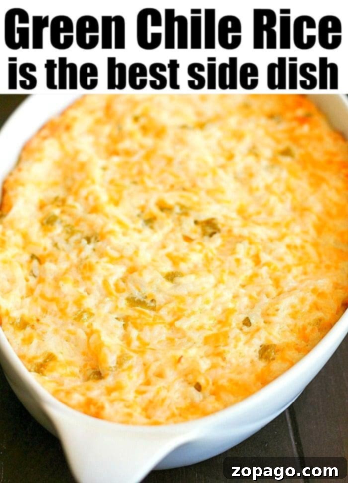 Velvety Green Chile Rice 6 Baked green chile rice casserole in a white dish, topped with bubbling melted cheese. This savory delight is the best side dish to elevate any meal.