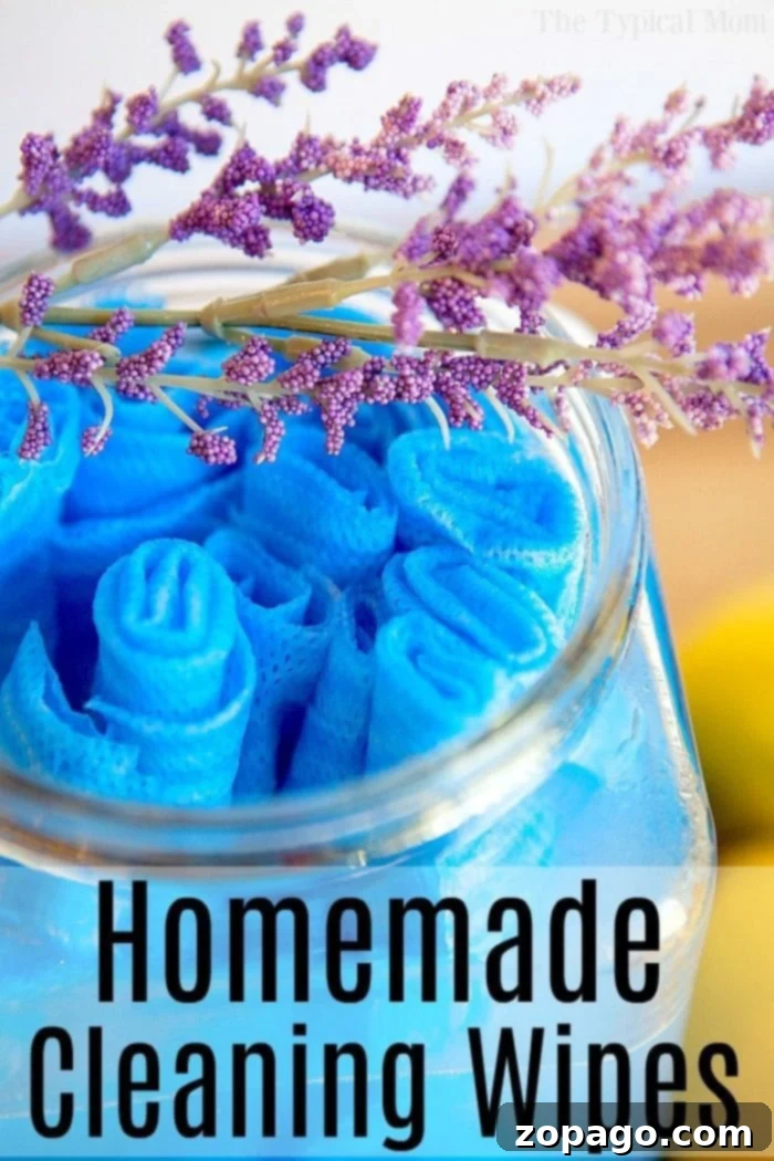 A glass jar filled with rolled blue DIY cleaning wipes, topped with a sprig of purple flowers. The text Homemade Cleaning Wipes is displayed at the bottom of the image.