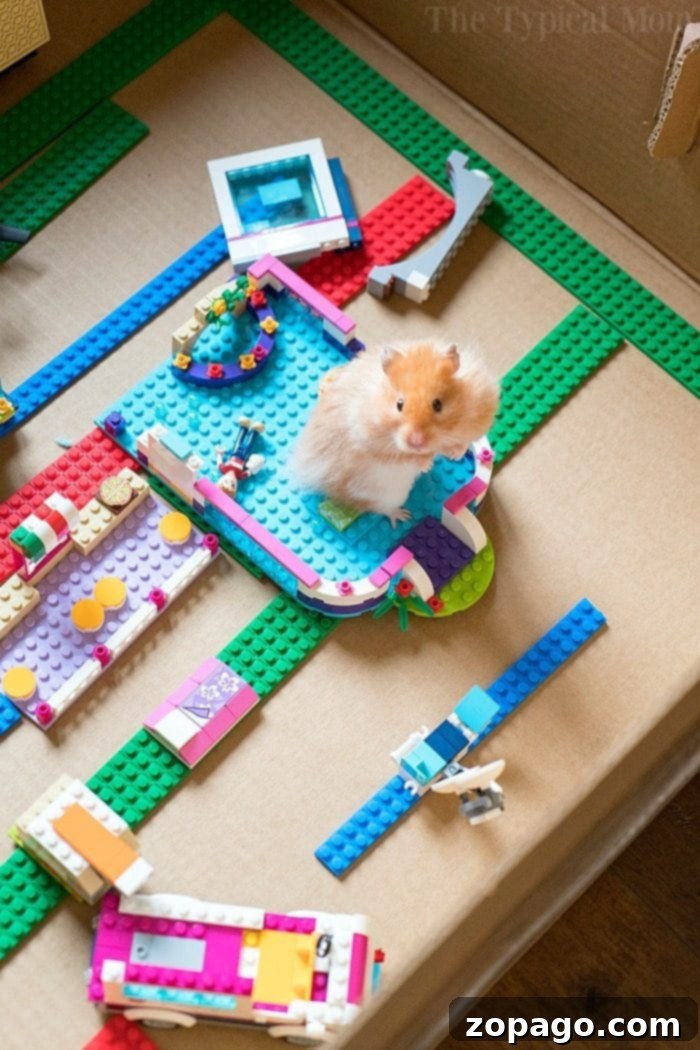 Kids building a creative maze with toy block tape and LEGO bricks on a cardboard box