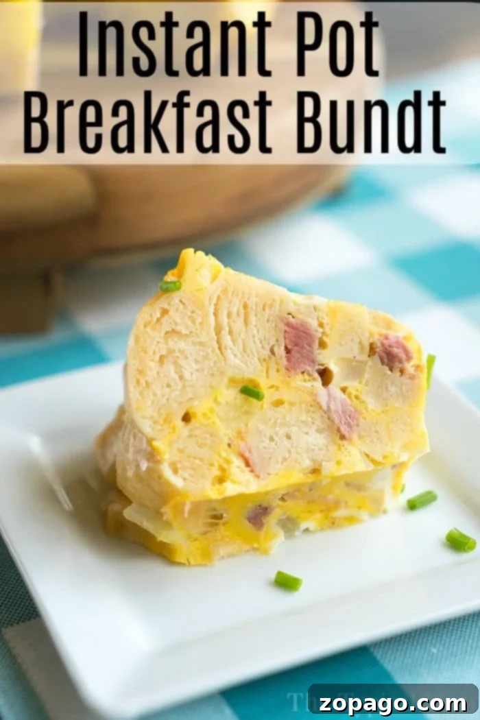 Instant Pot breakfast bundt cake full of eggs, biscuits, ham & more! Load it up and enjoy it for brunch. 30 minutes in your Instant Pot! #pressurecooker #instantpot #breakfast #cake #bundtcake #egg #brunch #bread Pressure Cooker Breakfast Bundt Cake 2