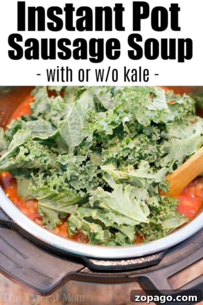 Pressure cooker sausage soup is packed with flavor and can be made with or without kale. Using canned or dry beans it's the perfect dinner. Instant Pot pressure cooker with sausage soup and kale, a wooden spoon nestled in the pot; text details soup type.