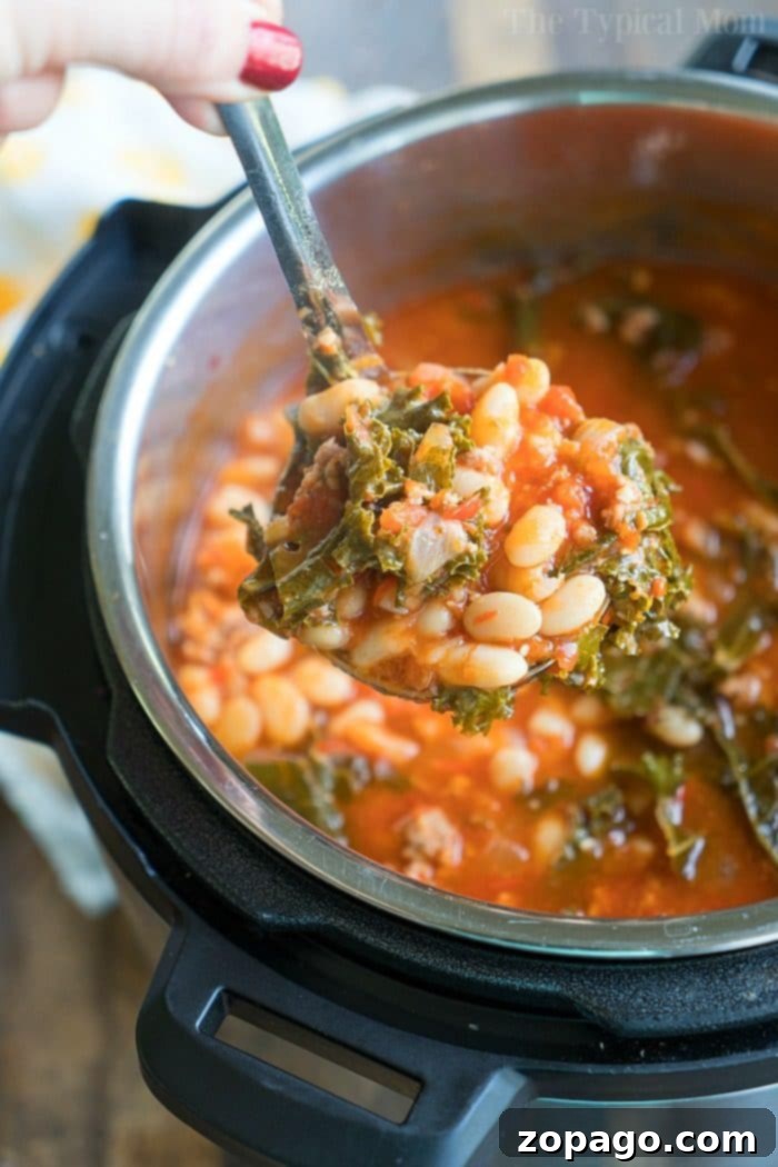 Pressure cooker sausage soup is packed with flavor and can be made with or without kale. Using canned or dry beans it's the perfect dinner. A ladle scooping hearty sausage and white bean stew with greens from a pressure cooker, illustrating its rich texture.