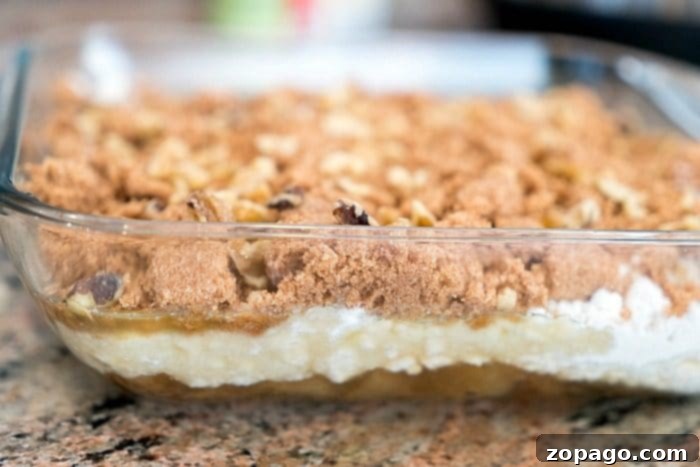 This easy apple spice dump cake is quick to make and creates a warm, cinnamon-spiced dessert. A perfect Fall treat. Scoops of easy apple dump cake, showcasing its crumbly topping and moist filling.