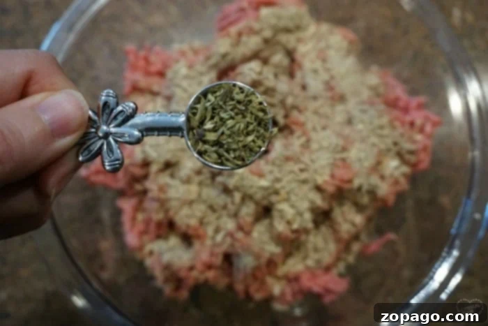 Wood-Fired Traeger Burgers 3 A hand holding a spoon of dried herbs over a bowl of ground meat and oats, perfect for crafting a delicious smoked burgers recipe dry rub.