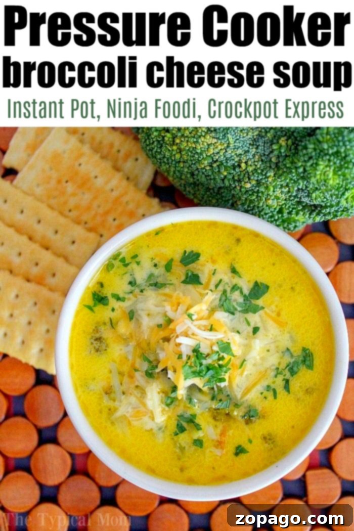 Ninja Foodi or Instant Pot broccoli cheese soup. #ninjafoodi #broccoli #cheese #soup #instantpot Ninja Foodi or Instant Pot broccoli cheese soup, showing a vibrant green soup topped with melted cheese.