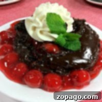 A beautifully presented pressure cooker chocolate lava cake, adorned with fresh cherries, a dollop of whipped cream, and a sprig of mint, served on a pristine white plate.