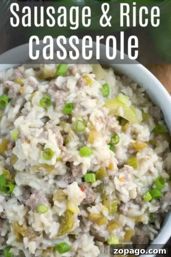 A close-up of an Instant Pot sausage and rice casserole in a white bowl. The dish is garnished with chopped green onions, showcasing a savory mixture of rice, sausage, and green peppers. The image features text reading "Sausage & Rice Casserole.