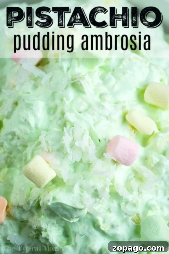 Pistachio pudding ambrosia is an amazing side dish or dessert! A cross between your favorite pistachio pudding and marshmallow ambrosia, you'll love it too. #pistachiopudding #ambrosia #dessert #marshmallow #pistachio #sidedish #thanksgiving Jello Pistachio Pudding Ambrosia in a serving bowl, garnished with pistachios and marshmallows, ready for a party.