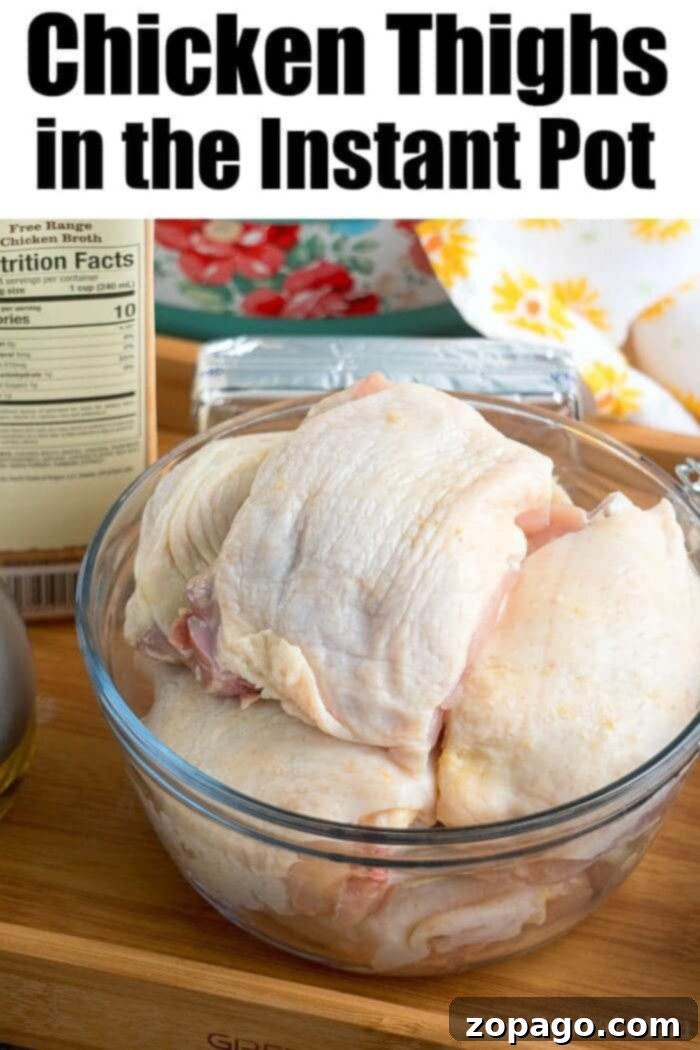 Instant Pot chicken thighs bone in dinner with a creamy cream cheese sauce your family will love. Easy pressure cooker chicken dinner is done! Raw bone-in chicken thighs, chicken broth, and an Instant Pot