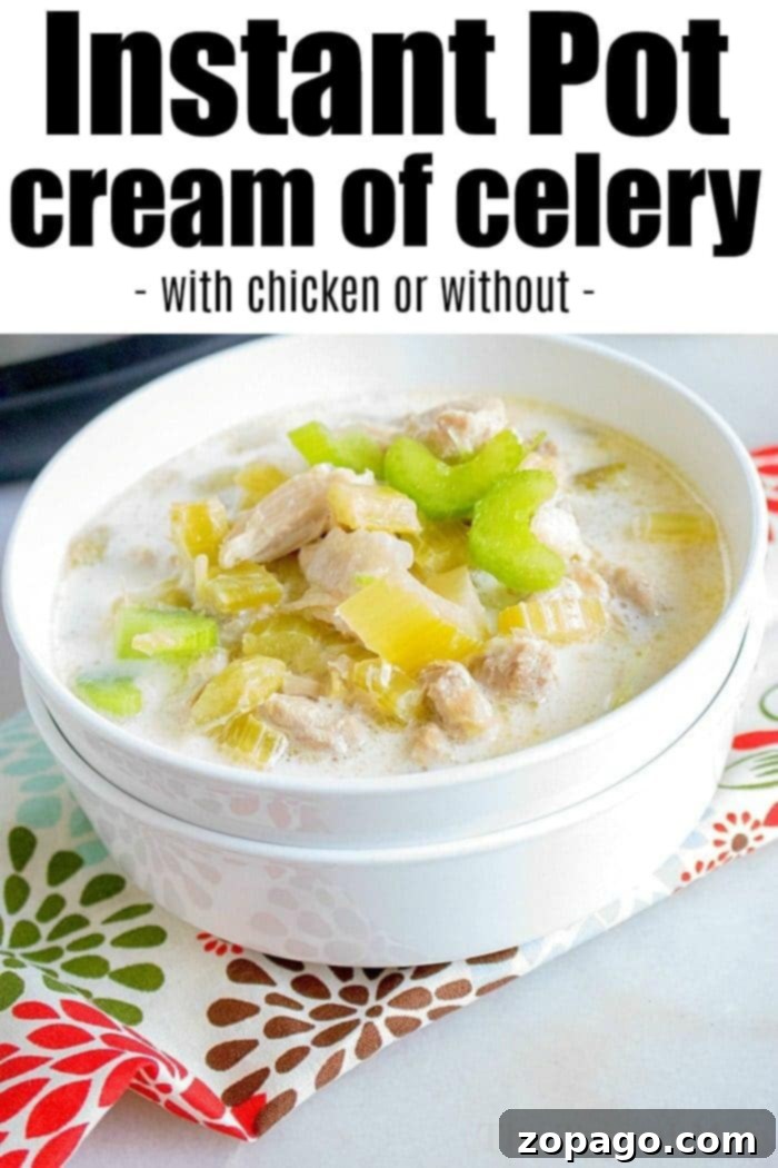 Instant Pot cream of celery soup you can make it on your stovetop too if you don't have a pressure cooker. Either way it's tasty! #creamofcelery #instantpot #pressurecooker #celery #soup #vegetable #instantpotrecipes #thetypicalmom #chicken Instant Pot cream of celery soup garnished with croutons and herbs