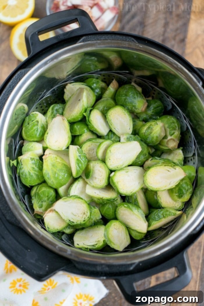 A vibrant and easy Instant Pot brussel sprouts recipe with bacon, promising a perfect vegetable side dish every time. #brussels #instantpot #pressurecooker #brusselsprouts #vegetables #bacon #instantpotrecipes #thetypicalmom Pressure cooker brussel sprouts with lemon and parmesan