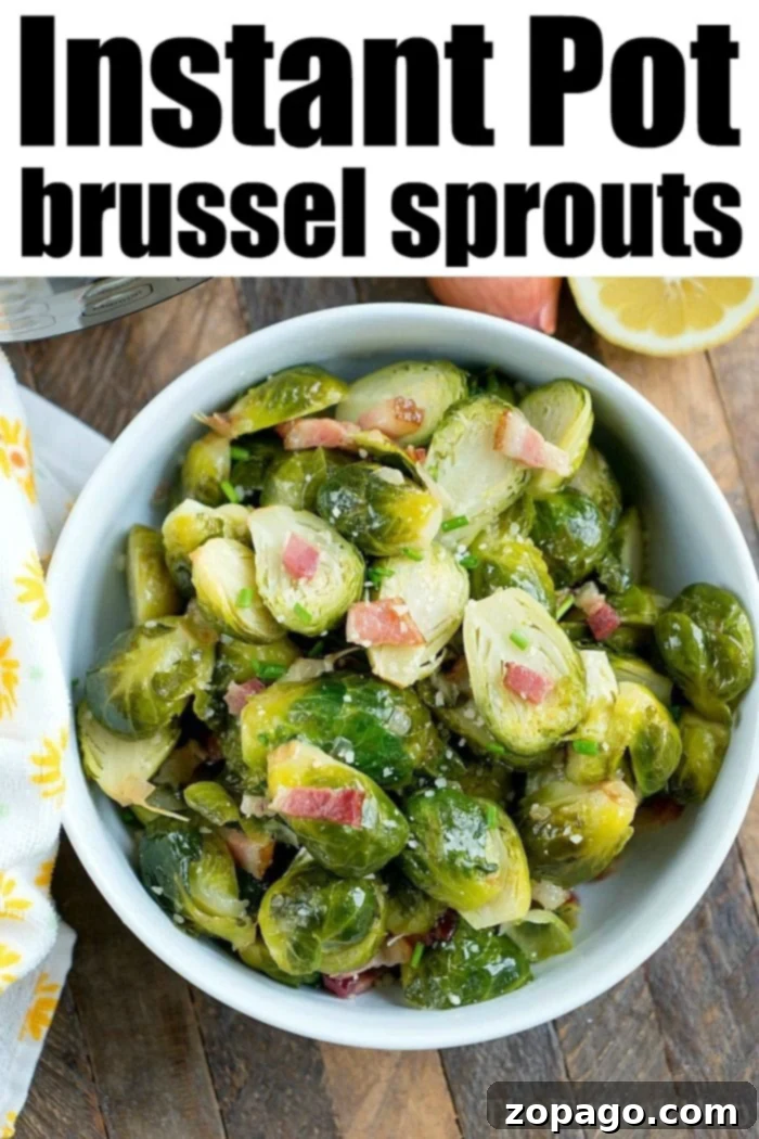 Perfectly cooked Instant Pot brussels sprouts, a simple and satisfying side. #instantpotrecipes #instantpot #brusselsprouts Pressure cooker brussel sprouts in a serving bowl