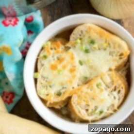 A heartwarming bowl of pressure cooker French onion soup, adorned with golden melted cheese and croutons, accompanied by fresh ingredients such as onions and a loaf of bread.