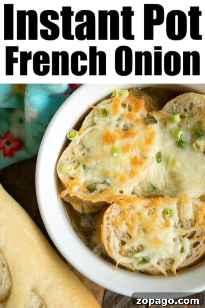 Easiest pressure cooker French onion soup: a quick and delicious meal for your Instant Pot or Ninja Foodi, topped with cheesy bread. A steaming bowl of Instant Pot French onion soup with perfectly melted cheese and golden bread, ready to be enjoyed as a comforting meal.
