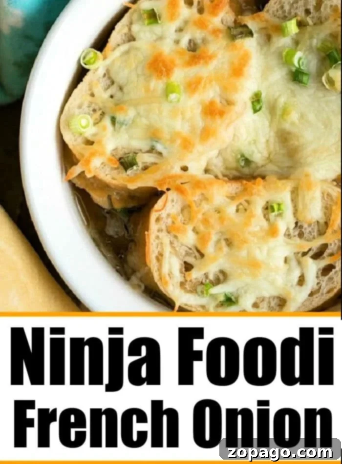 Quick French Onion Soup 4 Ninja Foodi French onion soup, showing the crispy, cheesy topping achieved with the air crisp function, making it an easy and quick comfort food.