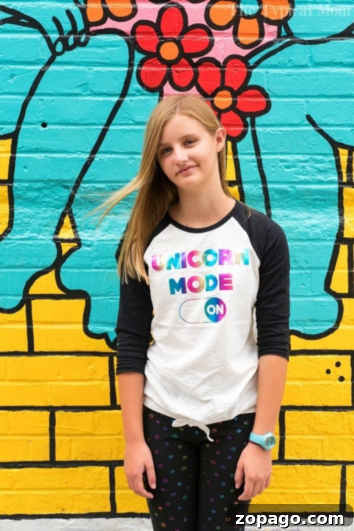 Stylish unicorn clothes for girls, perfect for expressing individuality and staying comfortable. Close-up of a girl wearing unicorn clothes with bright colors