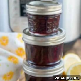 Three small jars of homemade pressure cooker jam are stacked in front of an Instant Pot, with lemon slices beside them.