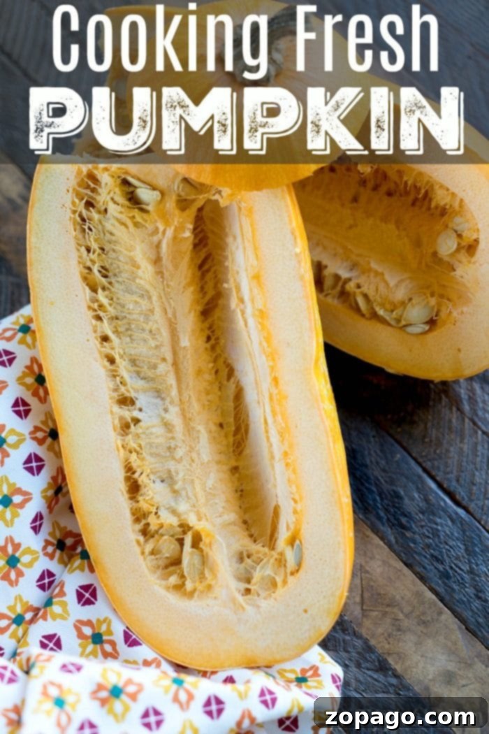 Learn how to cook fresh pumpkin fast and transform it into the most delicious Instant Pot homemade pumpkin butter in just 20 minutes! Perfect for toast and more! #instantpot #pressurecooker #pumpkin #pumpkinbutter #homemade #fresh A whole cooking pumpkin cut in half, showcasing its vibrant orange flesh, ready to be prepared.