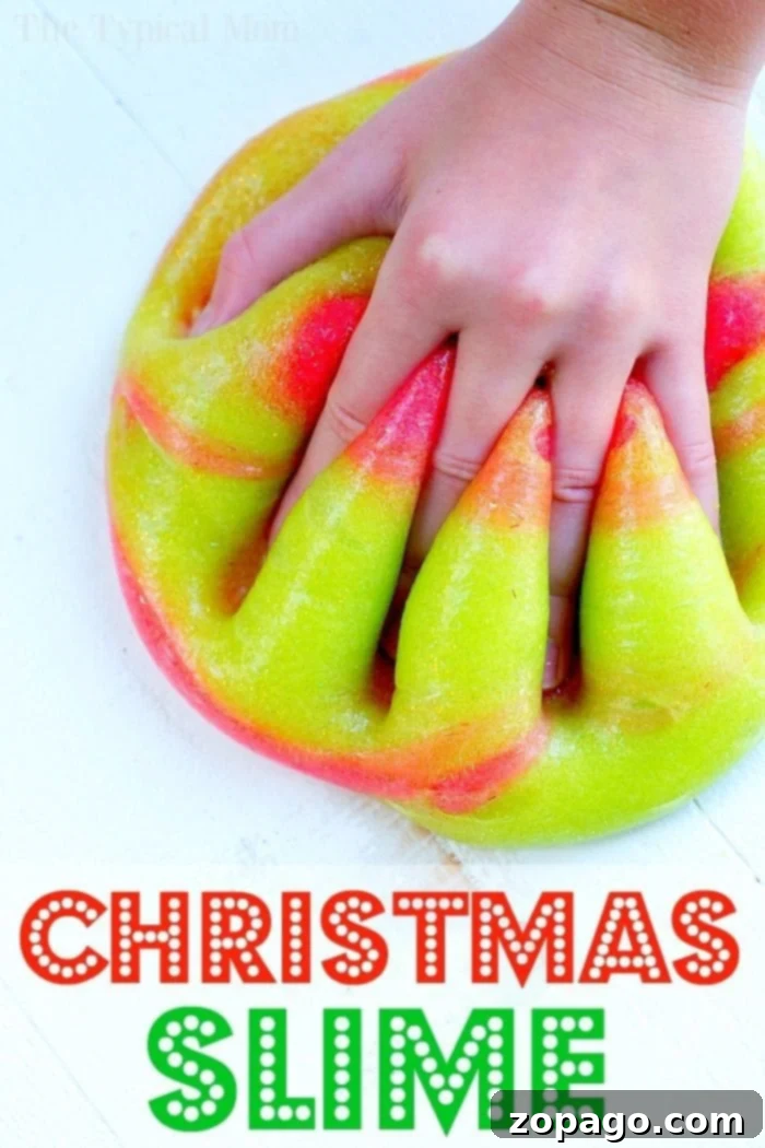 Make easy Elmer's glitter glue Christmas slime with contact lens solution. Borax-free recipe for festive fun. Vibrant red and green Christmas slime with glitter for holiday crafting