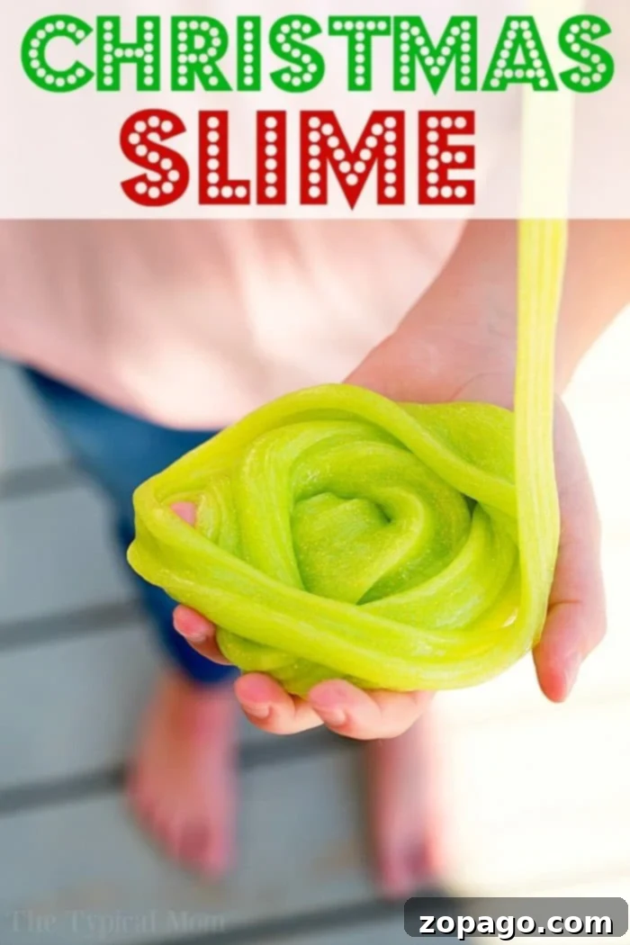 Easy borax-free Christmas slime made with Elmer's glitter glue, contact lens solution, and baking soda. Two jars of homemade Christmas slime, one red and one green, with festive glitter