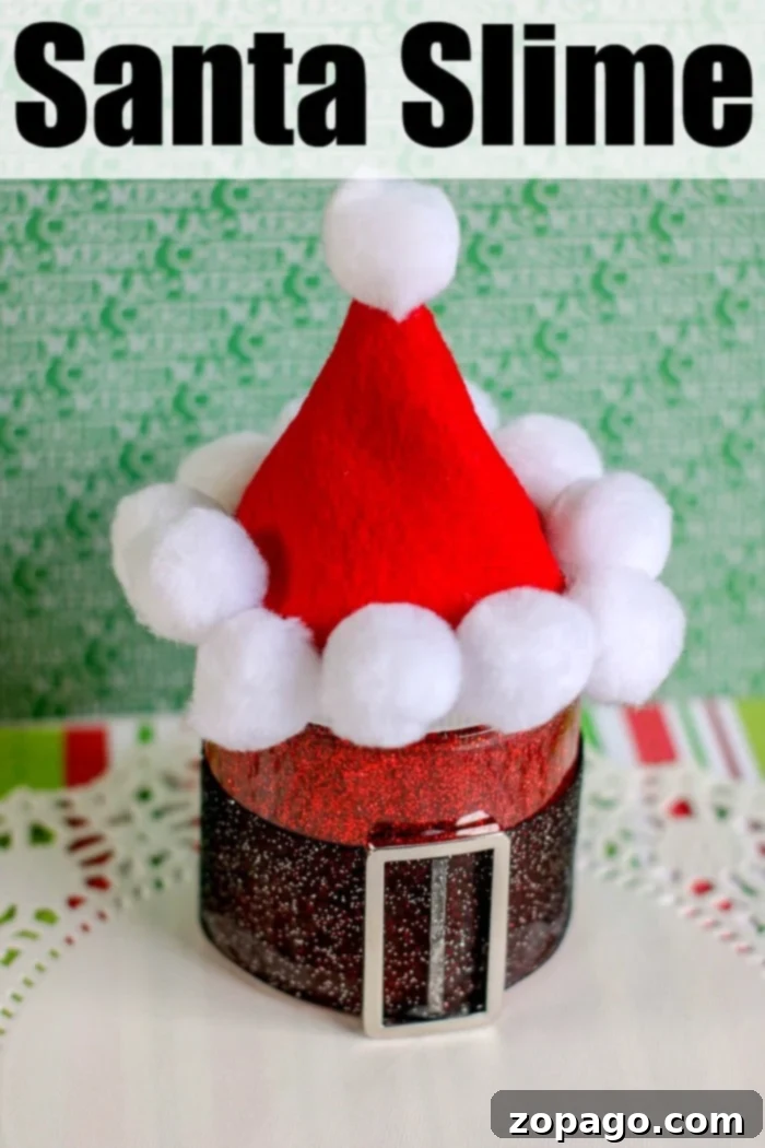 Kid-Friendly Christmas Slime Delights 2 Festive Santa themed mason jar filled with red glitter slime