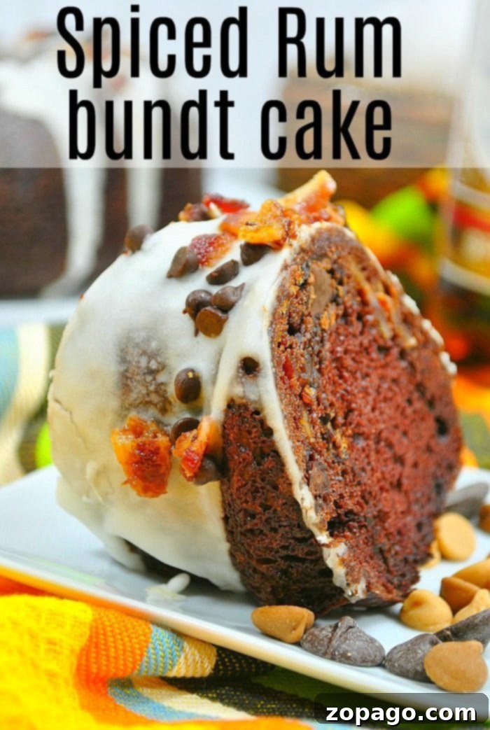 Try this rum bundt cake this Christmas and see if it's your favorite holiday dessert too! Topped with bacon with a rich chocolate flavor it's so yummy. #rum #cake #bacon #bundtcake A whole Rum Bundt Cake, beautifully glazed and ready to be served.